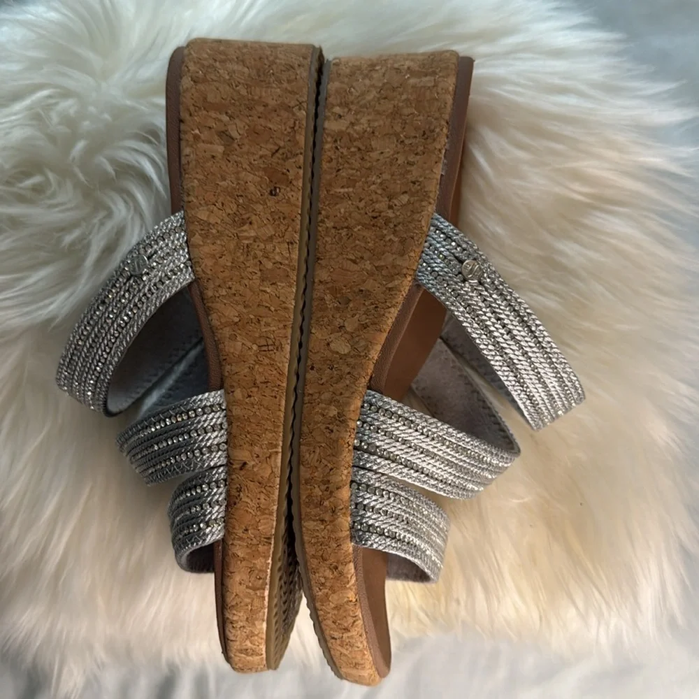 Skechers Silver Rhinestone Slide Wedge Sandals Cork Heel - Picture 6 of 12